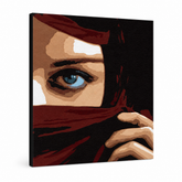 Ručně malované POP Art oko 1 kus obraz na oči – 3D vizualizace ručně malovaného plátna na bílém pozadí. Dominantní barvy: hnědá, černá, zelená, červená, modrá.