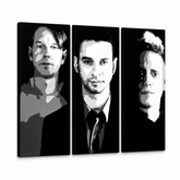 Ručně malovaný obraz Depeche Mode ve stylu POP Art, 3 díly, 000 dep – 3D vizualizace ručně malovaného plátna na bílém pozadí. Dominantní barvy: černá, bílá, šedá.