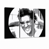 Ručně malovaný obraz POP Art ELVIS 3 díly el2 – 3D vizualizace ručně malovaného plátna na bílém pozadí. Dominantní barvy: černá, bílá, žlutá.