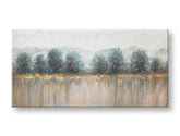 Ručně malovaný obraz Papilora STROMY 140x70 cm na plátně, 3D perspektiva. Bílo-modré odstíny, hory a stromy, klidná přírodní atmosféra.