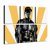Ručně malovaný obraz POP Art 50 centů, 6 kusů, 50 centů – 3D vizualizace ručně malovaného plátna na bílém pozadí. Dominantní barvy: žlutá, černá, bílá, šedá.