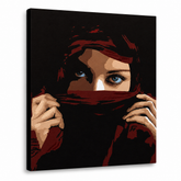 Ručně malovaný obraz POP Art Aicha 1 kus aicha – 3D vizualizace ručně malovaného plátna na bílém pozadí. Dominantní barvy: červená, hnědá, modrá, béžová, černá.