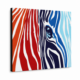 Ručně malovaný obraz POP Art BARVY 1 kus zebra – 3D vizualizace ručně malovaného plátna na bílém pozadí. Dominantní barvy: červená, oranzová, modrá, bílá, černá.