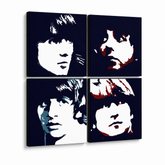 Ručně malovaný obraz POP Art BEATLES 4 Piece Beat – 3D vizualizace ručně malovaného plátna na bílém pozadí. Dominantní barvy: černá, modrá, červená, béžová.