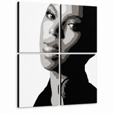 Ručně malovaný obraz POP Art BEYONCÉ 4 dílná bey – 3D vizualizace ručně malovaného plátna na bílém pozadí. Dominantní barvy: černá, bílá, šedá.