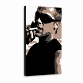 Ručně malovaný obraz POP Art Brad Pitt 1 kus bp – 3D vizualizace ručně malovaného plátna na bílém pozadí. Dominantní barvy: černá, hnědá, bílá.
