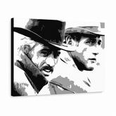 Ručně malovaný obraz POP Art Butch Cassidy 1 kus bc. – 3D vizualizace ručně malovaného plátna na bílém pozadí. Dominantní barvy: černá, bílá, šedá.