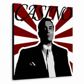 Ručně malovaný obraz POP Art CASINO 1 díl cas – 3D vizualizace ručně malovaného plátna na bílém pozadí. Dominantní barvy: černá, červená, bílá.