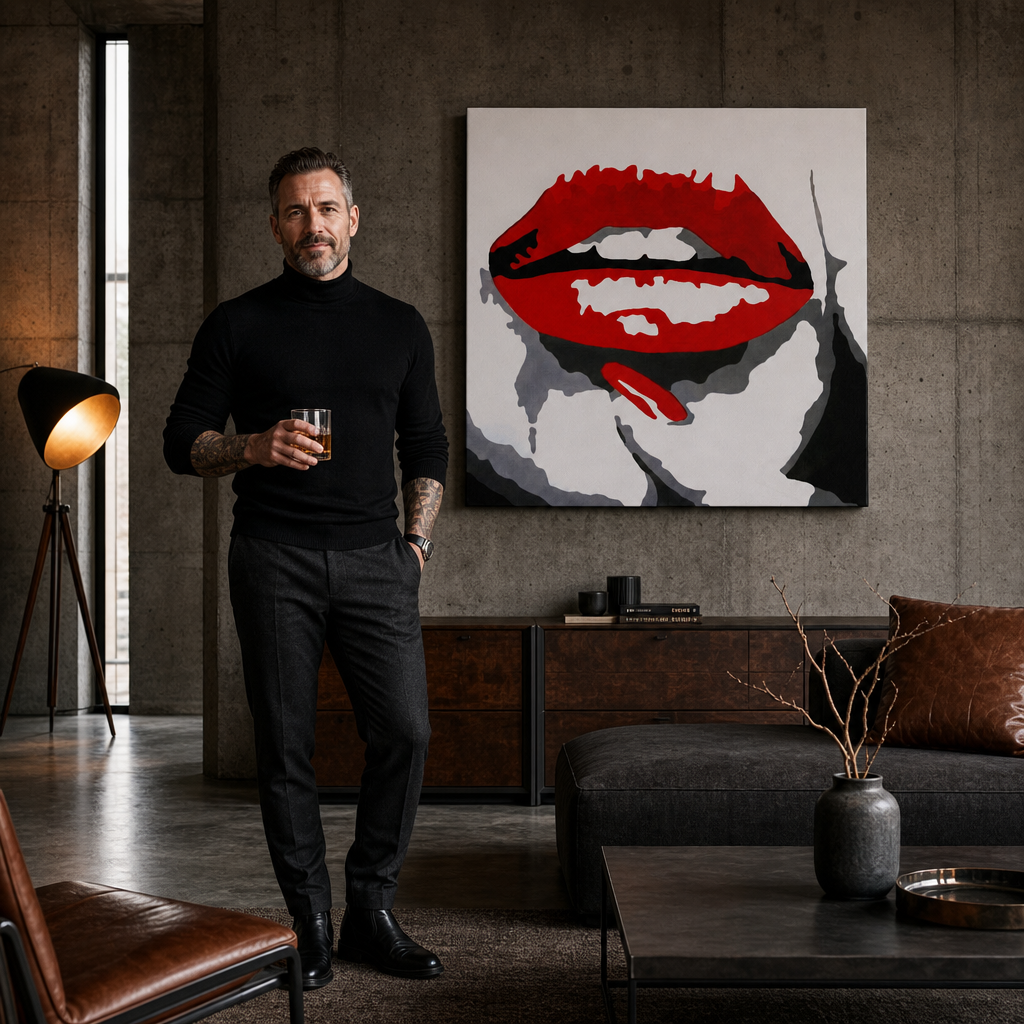 Ručně malovaný obraz POP Art ČERVENÉ RTY 1 kus – obraz v moderním mužském interiéru, lifestyle vizualizace. Dominantní barvy: červená, černá, bílá.
