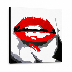 Ručně malovaný obraz POP Art ČERVENÉ RTY 1 kus – 3D vizualizace ručně malovaného plátna na bílém pozadí. Dominantní barvy: červená, černá, bílá.