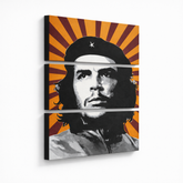 Ručně malovaný obraz POP Art Che Guevara 3 dílný – 3D vizualizace ručně malovaného plátna na bílém pozadí. Dominantní barvy: žlutá, černá, bílá, šedá, oranžová.
