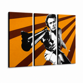 Ručně malovaný obraz POP Art Clint Eastwood 3 díly ce – 3D vizualizace ručně malovaného plátna na bílém pozadí. Dominantní barvy: oranžová, hnědá, černá.