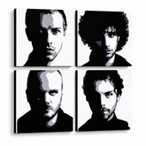 Ručně malovaný obraz POP Art Coldplay 4 kusů cp – 3D vizualizace ručně malovaného plátna na bílém pozadí. Dominantní barvy: černá, bílá, šedá.
