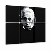 Ručně malovaný obraz POP Art Einstein 6 dílů Einstein – 3D vizualizace ručně malovaného plátna na bílém pozadí. Dominantní barvy: černá, bílá, šedá.