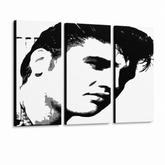 Ručně malovaný obraz POP Art ELVIS 3 dílný – 3D vizualizace ručně malovaného plátna na bílém pozadí. Dominantní barvy: černá, bílá, šedá.