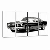 Ručně malovaný obraz POP Art Ford Mustang 4 díly fm – 3D vizualizace ručně malovaného plátna na bílém pozadí. Dominantní barvy: černá, šedá, bílá.