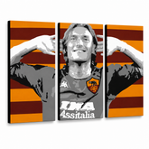 Ručně malovaný obraz POP Art Francesco Totti 3dílné dítě – 3D vizualizace ručně malovaného plátna na bílém pozadí. Dominantní barvy: červená, oranžová, šedá, černá, bílá.