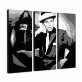 Ručně malovaný obraz POP Art Frank Sinatra - 3dílný hřích – 3D vizualizace ručně malovaného plátna na bílém pozadí. Dominantní barvy: černá, bílá, šedá.