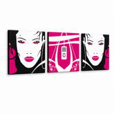 Ručně malovaný obraz POP Art I-GIRL 3 dílná sada – 3D vizualizace ručně malovaného plátna na bílém pozadí. Dominantní barvy: růžová, černá, bílá, šedá.