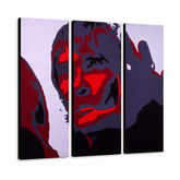 Ručně malovaný obraz POP Art Ian Brown, 3 kusy, 1b – 3D vizualizace ručně malovaného plátna na bílém pozadí. Dominantní barvy: černá, červená, šedá.