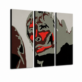 Ručně malovaný obraz POP Art Ian Brown 3 kusy ibb – 3D vizualizace ručně malovaného plátna na bílém pozadí. Dominantní barvy: černá, červená, šedá, hnědá, bílá.