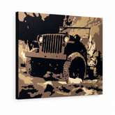 Ručně malovaný obraz POP Art JEEP 1 kus jeep – 3D vizualizace ručně malovaného plátna na bílém pozadí. Dominantní barvy: hnědá, černá, béžová, zlatá.