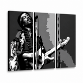 Ručně malovaný obraz POP Art Jimmy Hendrix 3 dílný jh – 3D vizualizace ručně malovaného plátna na bílém pozadí. Dominantní barvy: černá, bílá, šedá.