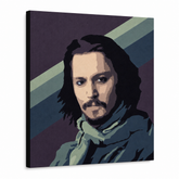 Ručně malovaný obraz POP Art Johnny Depp1 kus jd – 3D vizualizace ručně malovaného plátna na bílém pozadí. Dominantní barvy: fialová, modrá, černá, béžová, zelená.