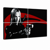 Ručně malovaný obraz POP Art Kill Bill 4 díly kb – 3D vizualizace ručně malovaného plátna na bílém pozadí. Dominantní barvy: černá, červená, bílá.