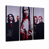 Ručně malovaný obraz POP Art Marilyn Manson 3 kusy mm – 3D vizualizace ručně malovaného plátna na bílém pozadí. Dominantní barvy: černá, červená, bílá.