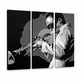 Ručně malovaný obraz POP Art Miles Davis 3 díly md – 3D vizualizace ručně malovaného plátna na bílém pozadí. Dominantní barvy: černá, bílá, šedá.