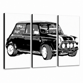 Ručně malovaný obraz POP Art MINI COOPER 3dílný mini – 3D vizualizace ručně malovaného plátna na bílém pozadí. Dominantní barvy: černá, bílá, šedá.