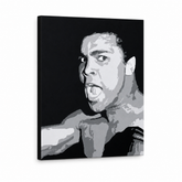 Ručně malovaný obraz POP Art Muhamad Ali 1 kus ali – 3D vizualizace ručně malovaného plátna na bílém pozadí. Dominantní barvy: černá, šedá, bílá.