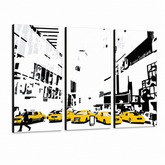 Ručně malovaný obraz POP Art NEW YORK 3 díly 0107 nyc – 3D vizualizace ručně malovaného plátna na bílém pozadí. Dominantní barvy: žlutá, černá, bílá.