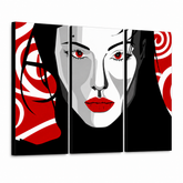 Ručně malovaný obraz POP Art Nice WOMAN 3 dílná nwoman – 3D vizualizace ručně malovaného plátna na bílém pozadí. Dominantní barvy: černá, červená, bílá.