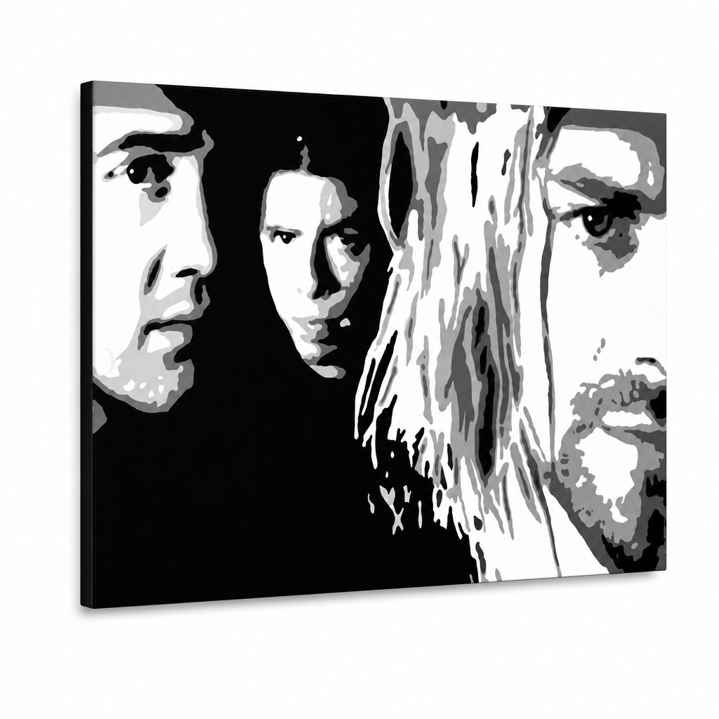 Ručně malovaný obraz POP Art Nirvana 1 kus nir – 3D vizualizace ručně malovaného plátna na bílém pozadí. Dominantní barvy: černá, bílá, šedá.