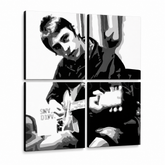 Ručně malovaný obraz POP Art Paul Weller 4dílná sada – 3D vizualizace ručně malovaného plátna na bílém pozadí. Dominantní barvy: černá, bílá, šedá.