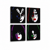 Ručně malovaný obraz POP Art Polibek 4 dílný polibek – 3D vizualizace ručně malovaného plátna na bílém pozadí. Dominantní barvy: černá, bílá, červená, zelená, fialová.