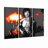 Ručně malovaný obraz POP Art Rambo 3dílný beran – 3D vizualizace ručně malovaného plátna na bílém pozadí. Dominantní barvy: černá, oranžová, bílá, červená, šedá.