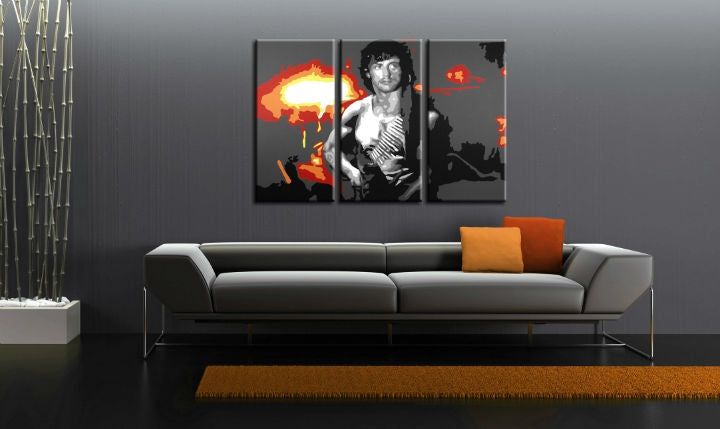 Pop art obraz s motivem Rambo v oranžovo-šedých odstínech | Ručně malovaný POP Art obraz Rambo, nástěnná dekorace – náhled