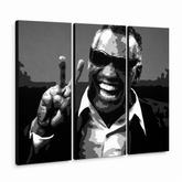 Ručně malovaný obraz POP Art Ray Charles 3 dílná RC – 3D vizualizace ručně malovaného plátna na bílém pozadí. Dominantní barvy: černá, bílá, šedá.