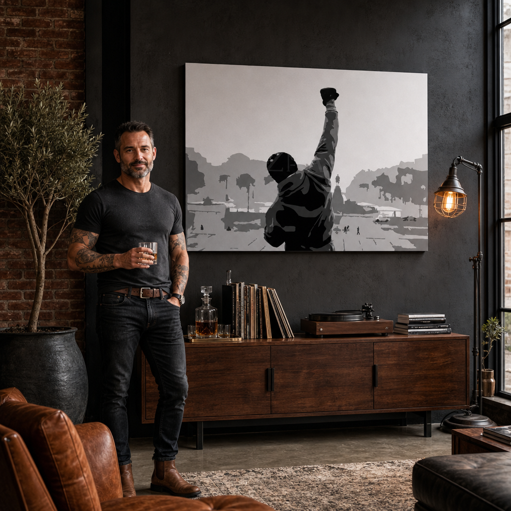 Ručně malovaný obraz POP Art ROCKY 1 kus rocky – obraz v moderním mužském interiéru, lifestyle vizualizace. Dominantní barvy: černá, bílá, šedá.