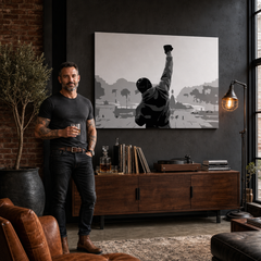 Ručně malovaný obraz POP Art ROCKY 1 kus rocky – obraz v moderním mužském interiéru, lifestyle vizualizace. Dominantní barvy: černá, bílá, šedá.