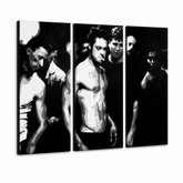 Ručně malovaný obraz POP Art s motivem 3 kusů Fight Clubu. – 3D vizualizace ručně malovaného plátna na bílém pozadí. Dominantní barvy: černá, bílá, šedá.