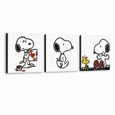 Ručně malovaný obraz POP Art SNOOPY 3 dílný Snoopy – 3D vizualizace ručně malovaného plátna na bílém pozadí. Dominantní barvy: černá, červená, žlutá.