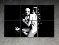 Pop art obraz s motivem SOPRANOS, muž v obleku, tanečnice v šedo-černých odstínech | Ručně malovaný POP Art obraz SOPRANOS, kriminální drama a popkultura – náhled