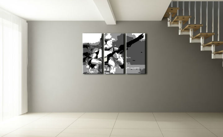 Pop art obraz s motivem STAR WARS, příroda v šedých odstínech | Ručně malovaný POP Art obraz STAR WARS, nostalgie – náhled