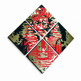 Ručně malovaný obraz POP Art Tutan Chamon ze 4 kusů zde – 3D vizualizace ručně malovaného plátna na bílém pozadí. Dominantní barvy: černá, červená, hnědá.