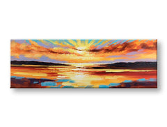 Papilora ručně malovaný obraz Západ slunce 150x50 cm z perspektivy 3D plátna. Zářivé odstíny oranžové, červené a modré barvy vytvářejí dramatickou scenérii.