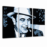 Ručně malovaný POP ART obraz AL CAPONE – 3D vizualizace ručně malovaného plátna na bílém pozadí. Dominantní barvy: černá, modrá, bílá.